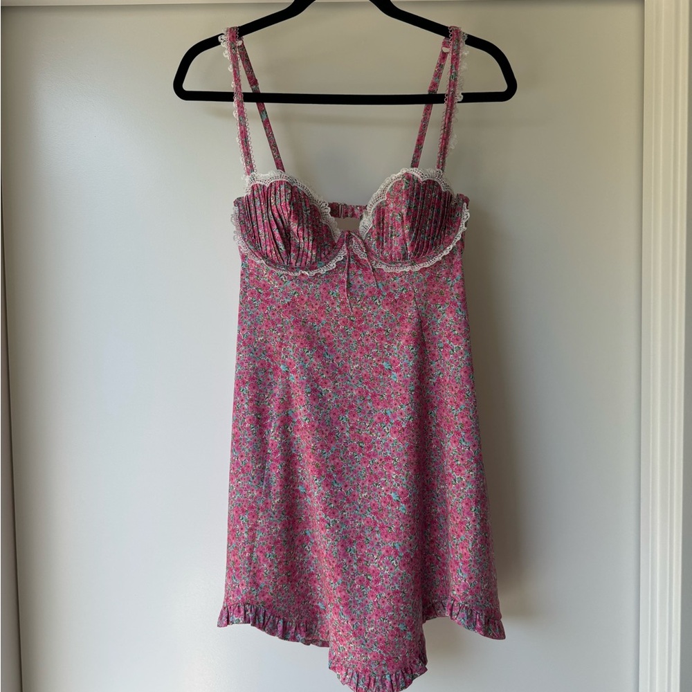 For Love & Lemons Pink Flower Mini Dress with Cutout Back